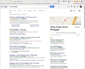 Google Search Engine Results Page for "home mortgage" with ads top and right.